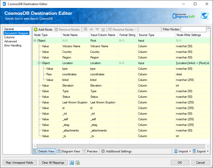 CosmosDB Destination Editor